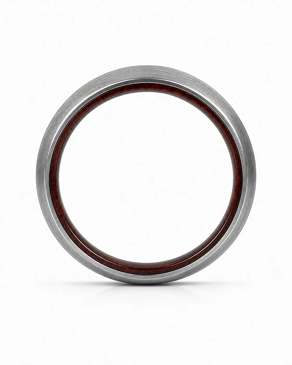 Front view of a brushed silver tungsten wedding ring with a maple wood sleeve interior.