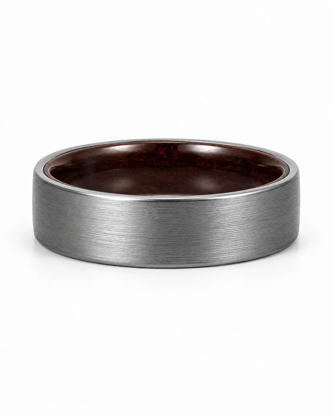 Low front view of a brushed silver tungsten wedding ring with a maple wood sleeve interior.