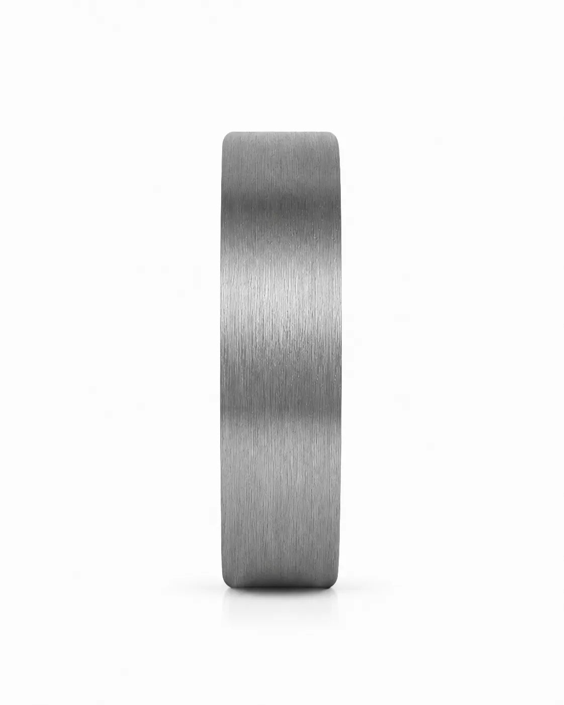 Side profile of a brushed silver tungsten wedding ring with a maple wood sleeve interior.