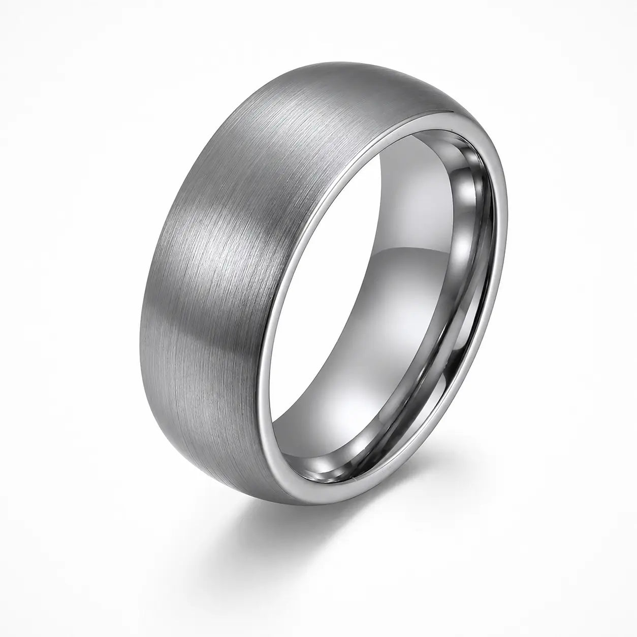 Brushed silver tungsten wedding ring with comfort fit interior shown at an angled front view on a white background.