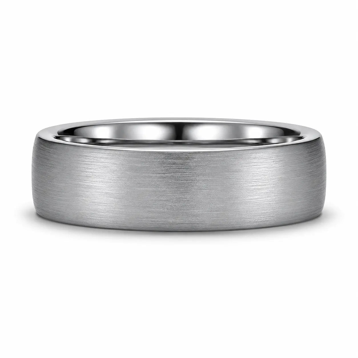 Brushed silver tungsten wedding ring lying flat showing the brushed outer surface and polished comfort fit interior.
