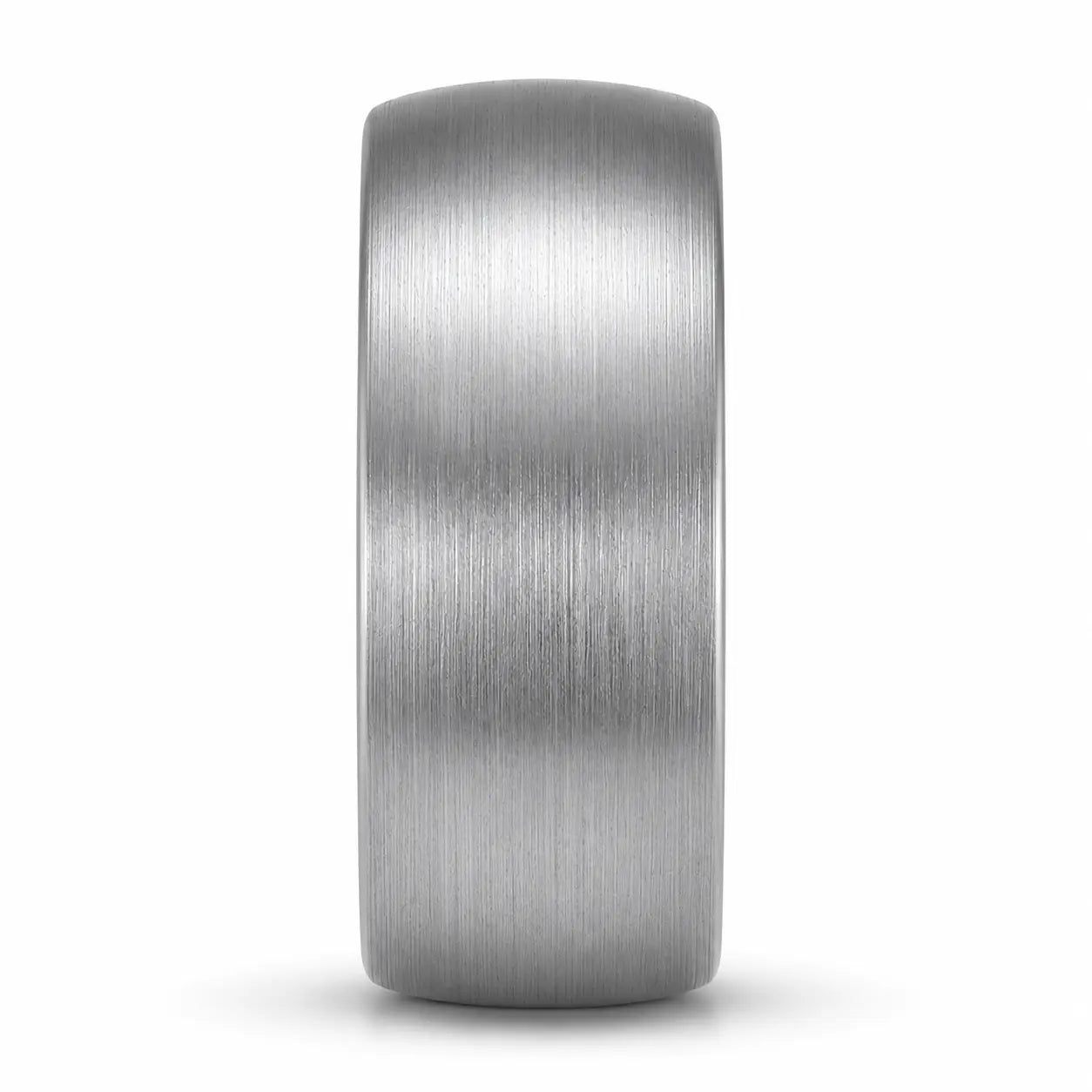 Side profile of a brushed silver tungsten wedding ring highlighting its width, rounded edges and comfort fit design.