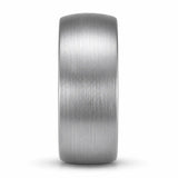 Side profile of a brushed silver tungsten wedding ring highlighting its width, rounded edges and comfort fit design.
