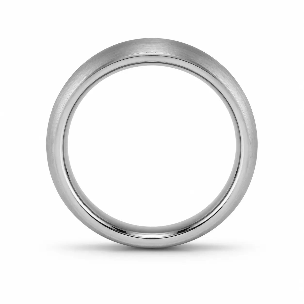 Front view of a brushed silver tungsten wedding ring showing its symmetrical comfort fit profile on a white background.