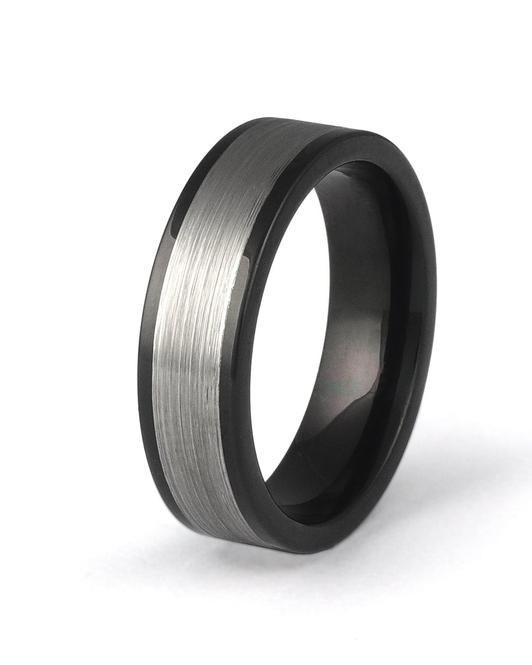 Black silver men’s wedding band with brushed centre