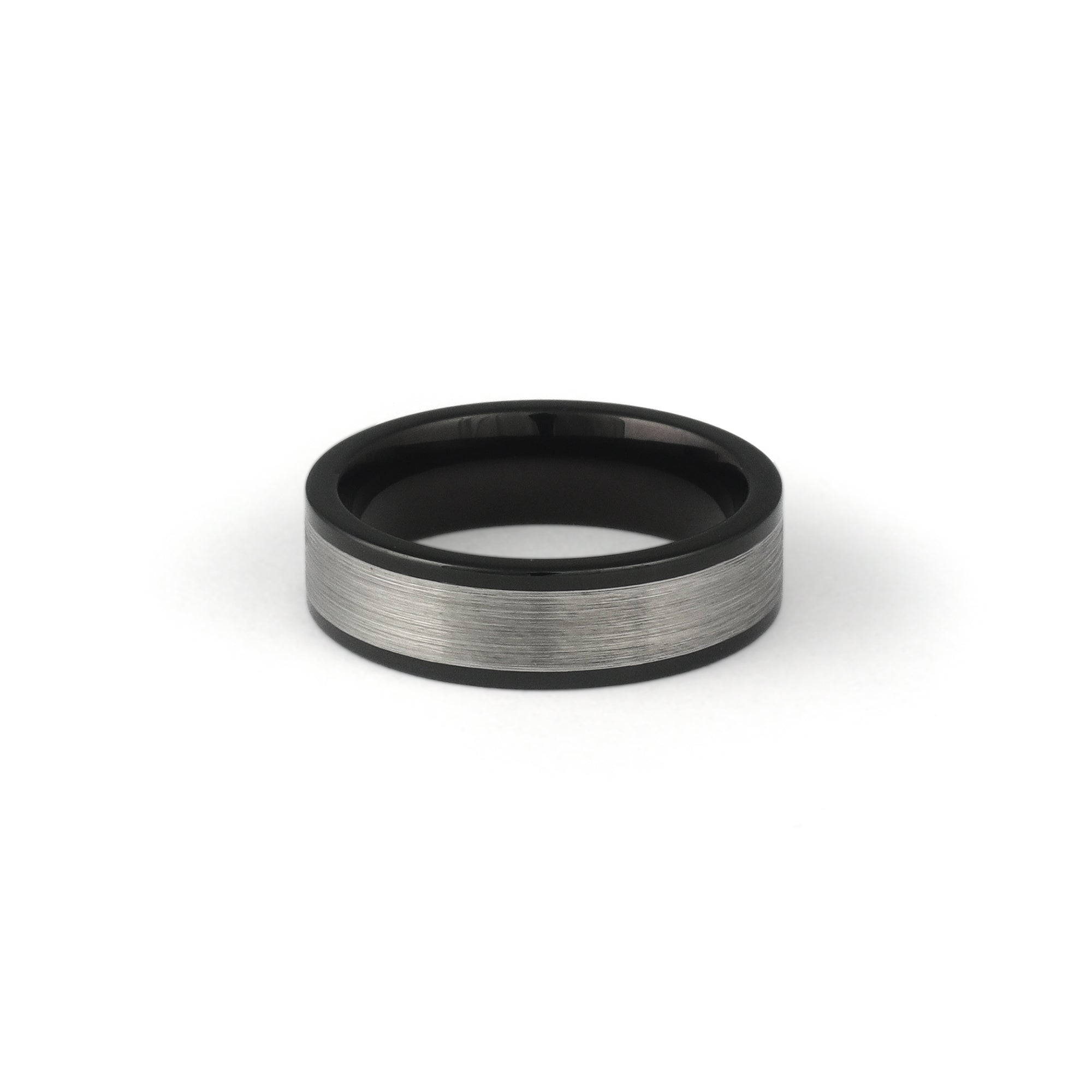 Black tungsten band with brushed silver inlay
