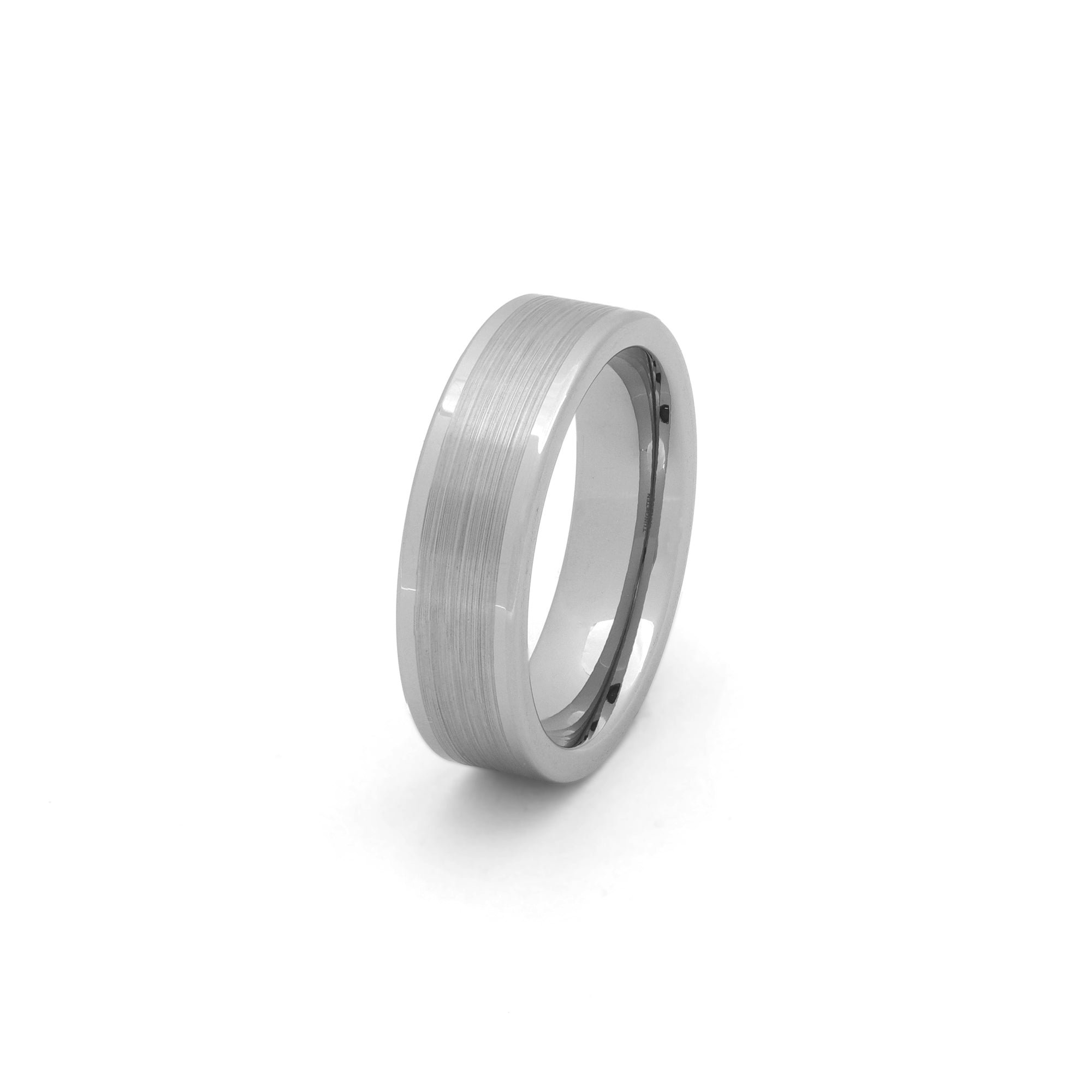 Brushed silver men’s wedding band with polished edges