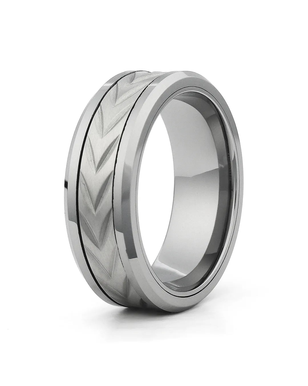 chevron tungsten spinner ring beveled edges