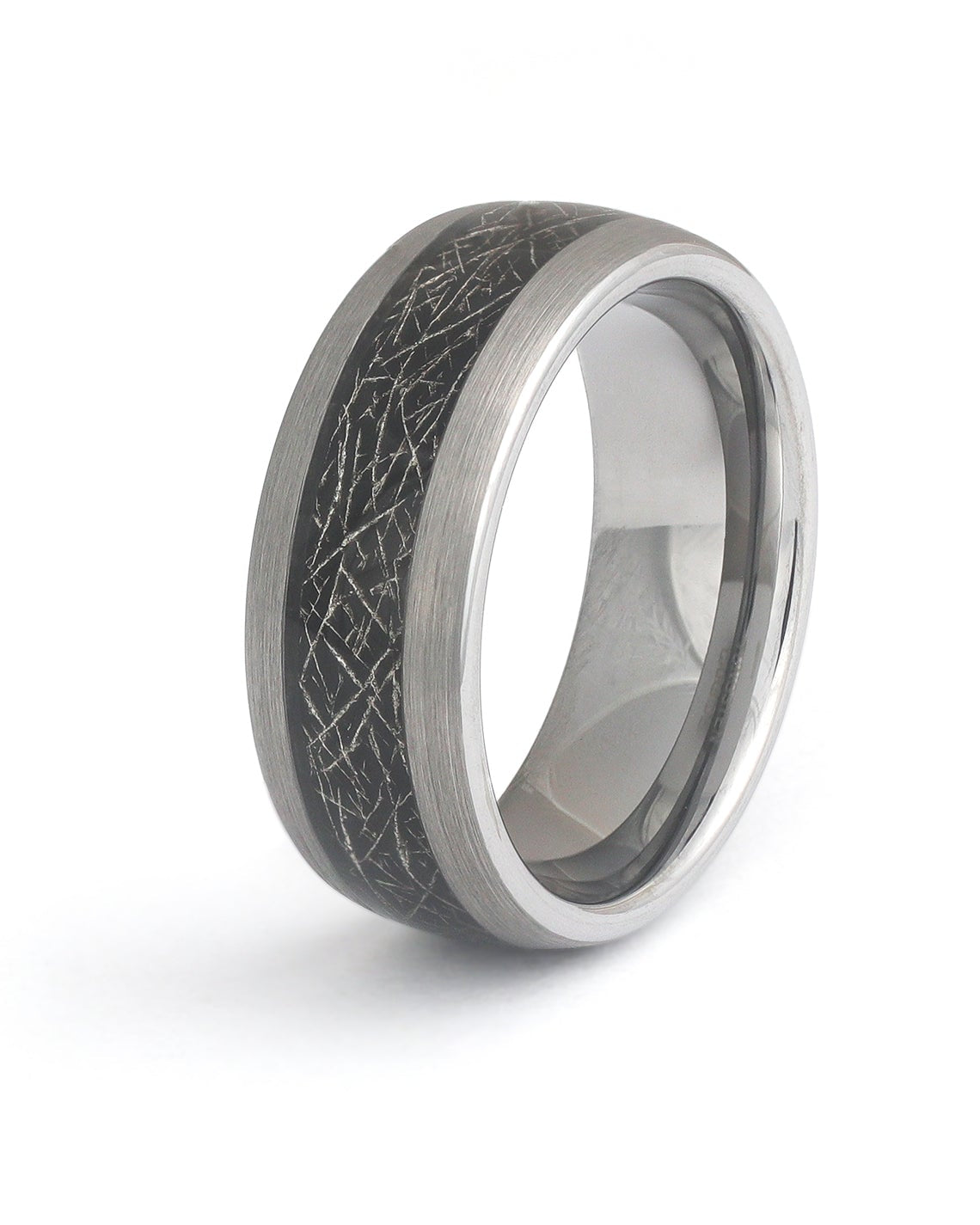 Brushed silver tungsten ring with black meteorite inlay