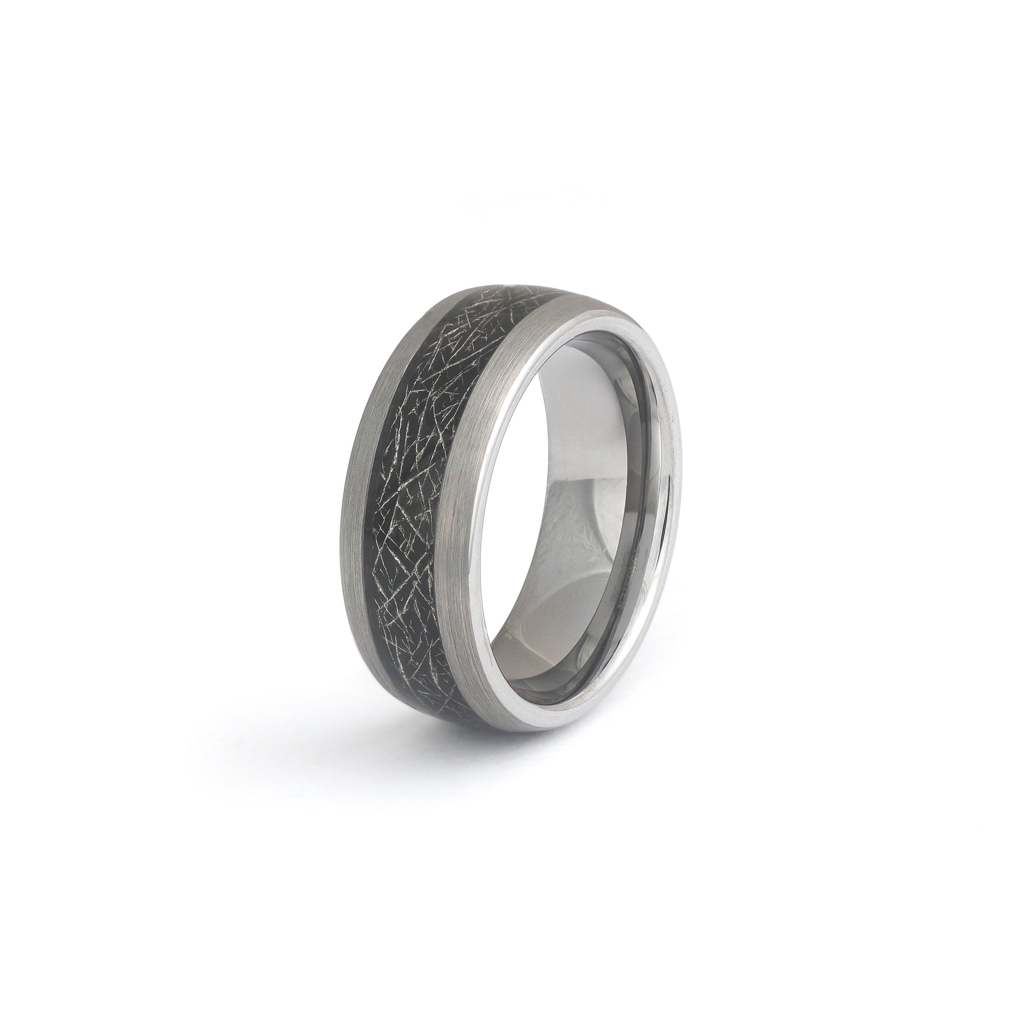 Brushed silver tungsten ring with black meteorite inlay