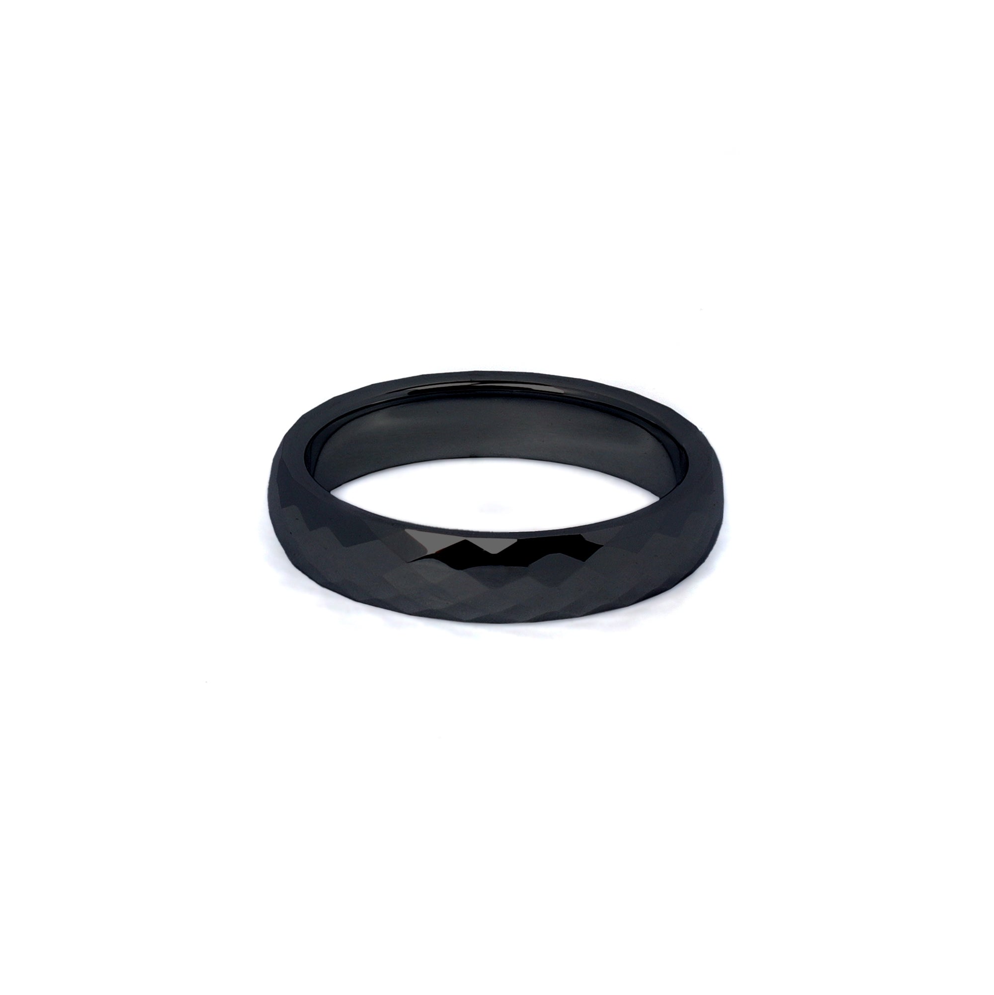 Modern womens wedding ring in black tungsten with unique faceted detail