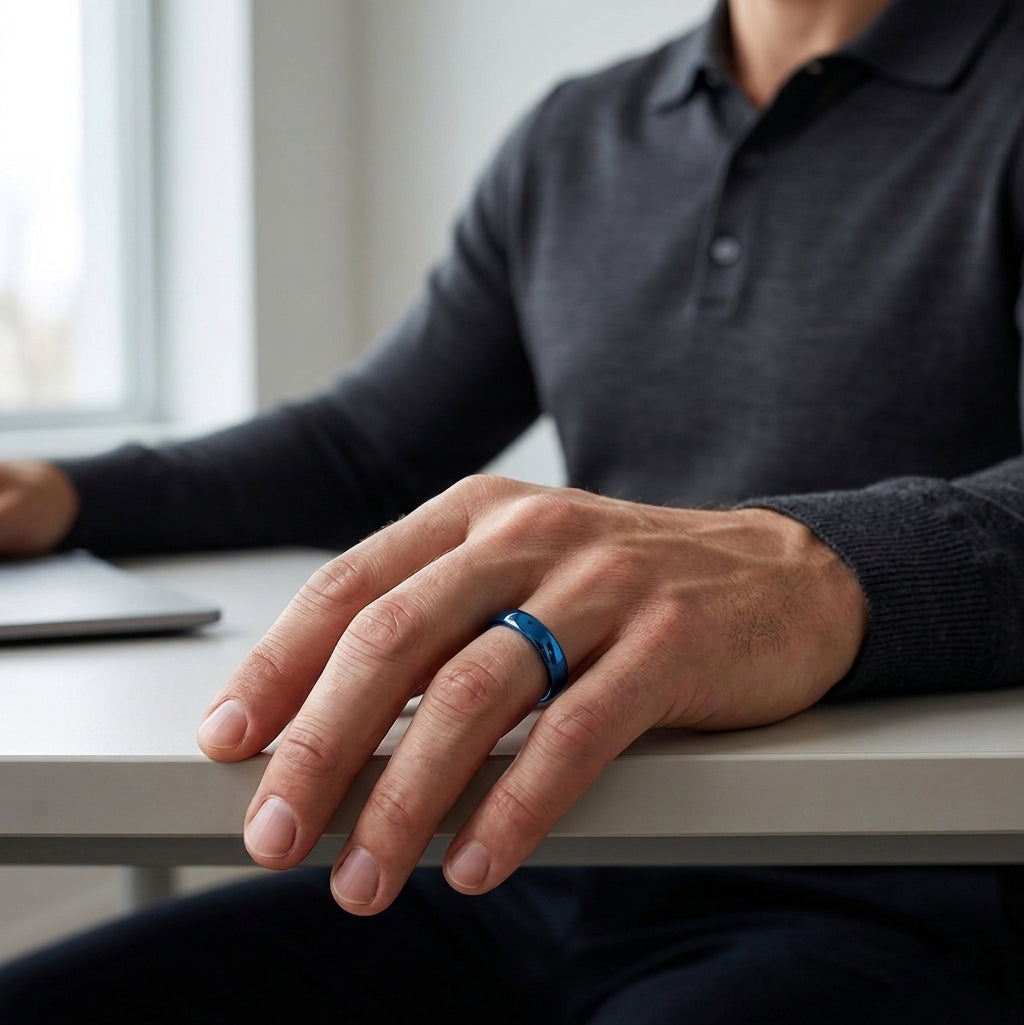 man wearing a blue polished tungsten wedding ring