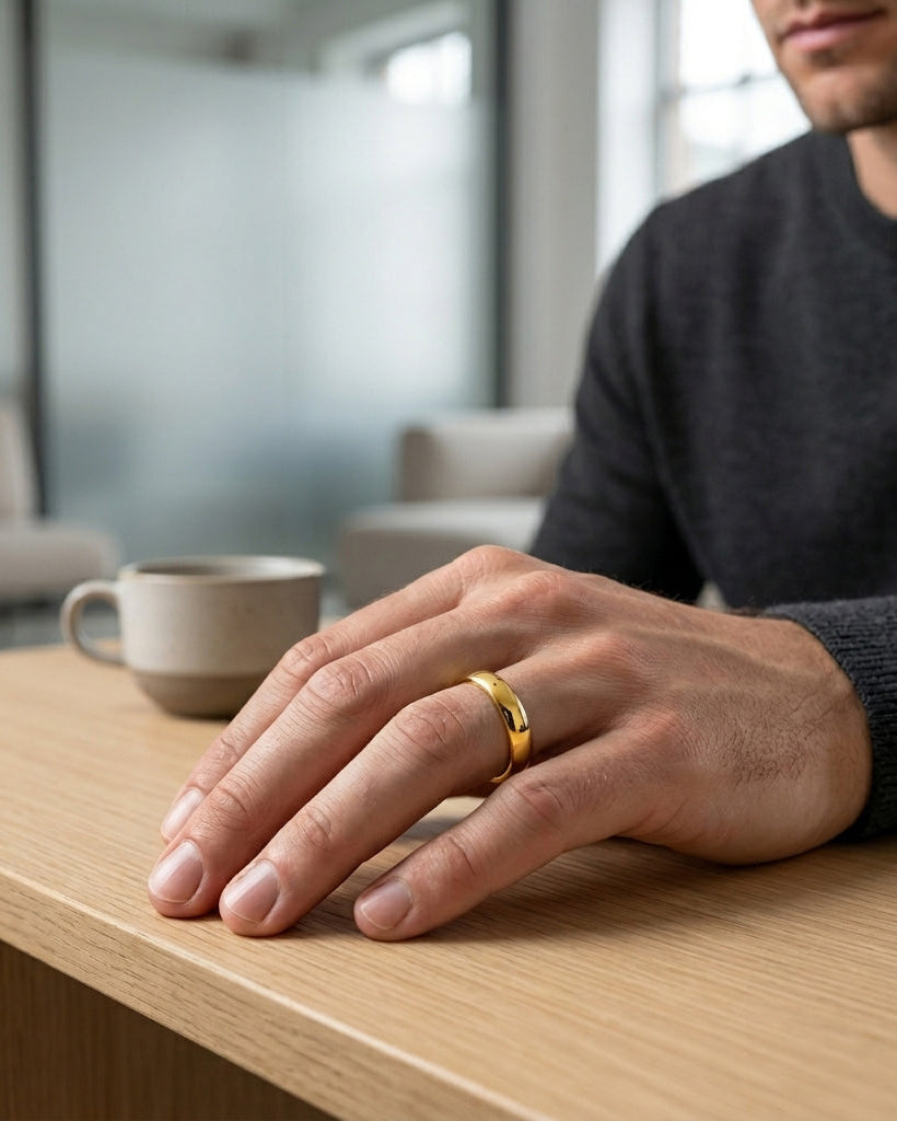 Man wearing a gold ring on a wooden table with a blurred background