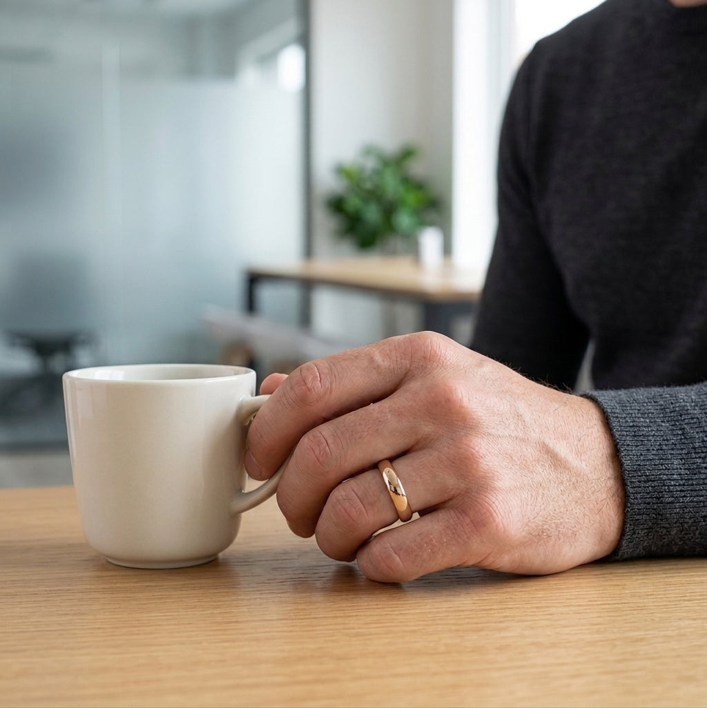 Person holding a beige mug on a wooden table with a blurred office background