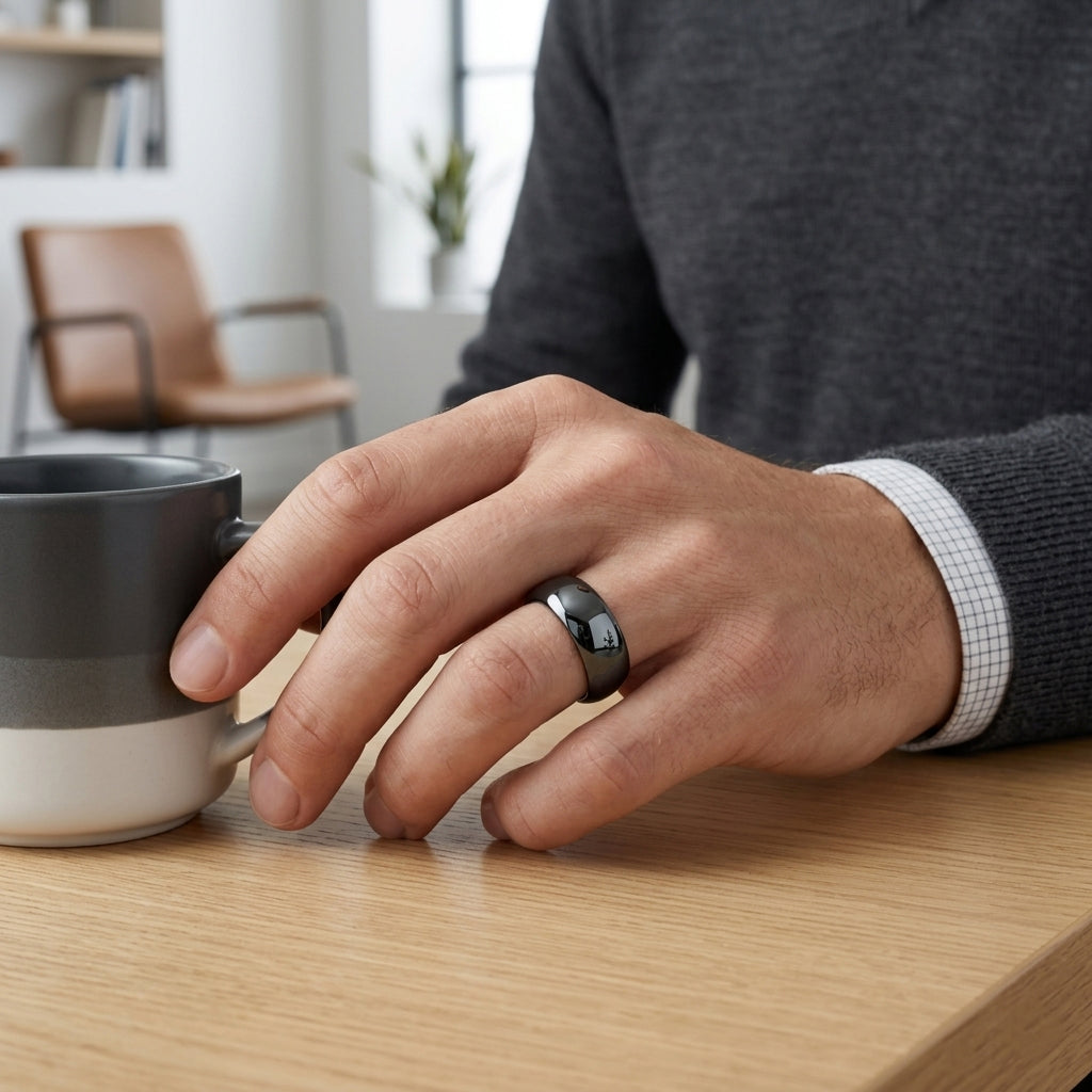 Person's hand with a ring holding a mug on a wooden table