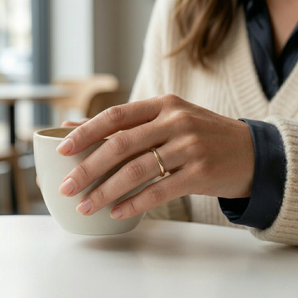 woman wearing a thin gold tungsten wedding band
