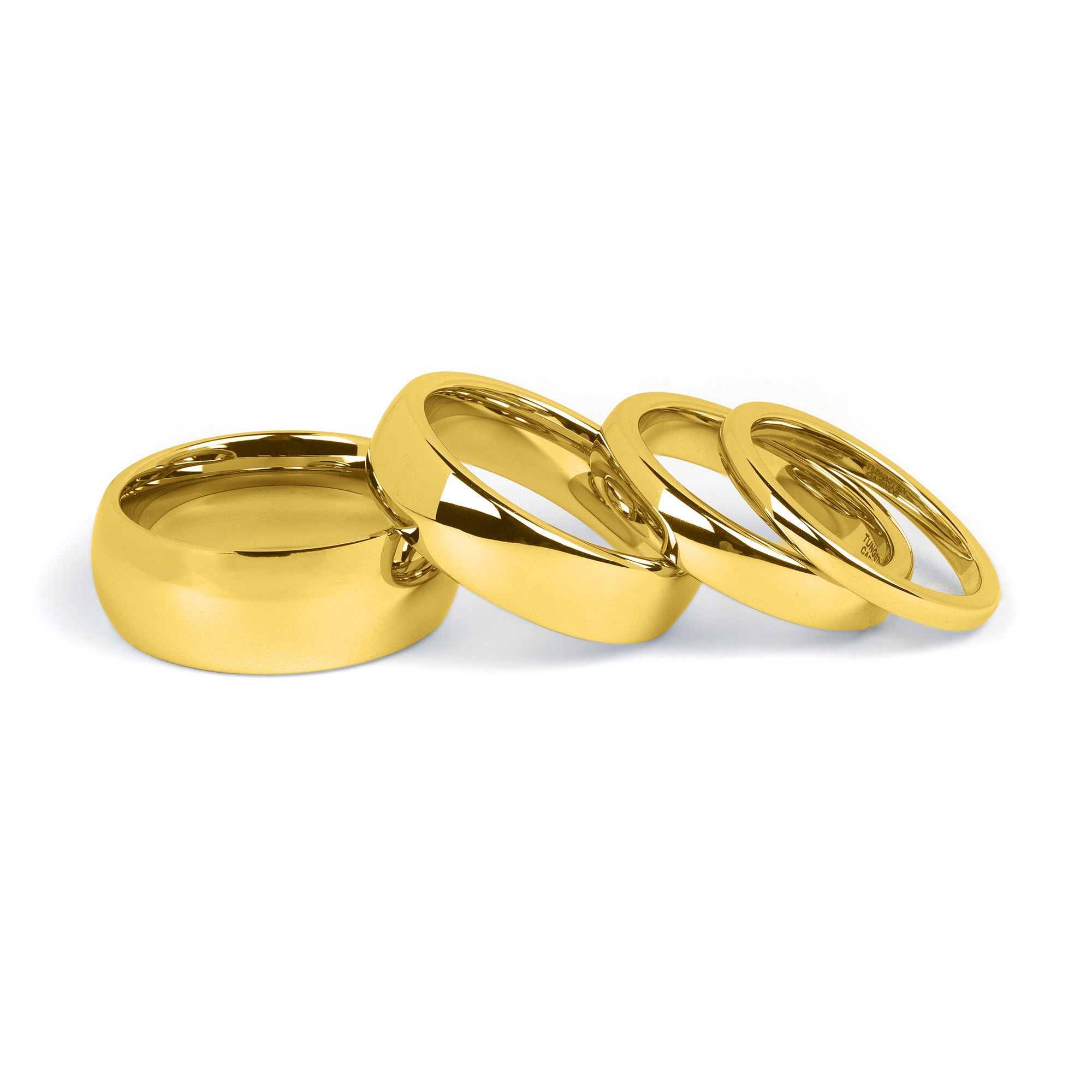 Comfort fit gold wedding bands for couples on white backdrop