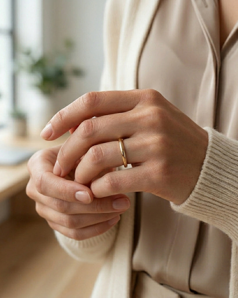 Close-up of a person wearing a gold ring with a blurred indoor background