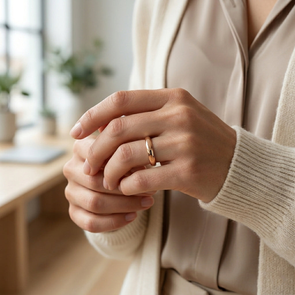 Close-up of a person wearing a ring with a blurred indoor background