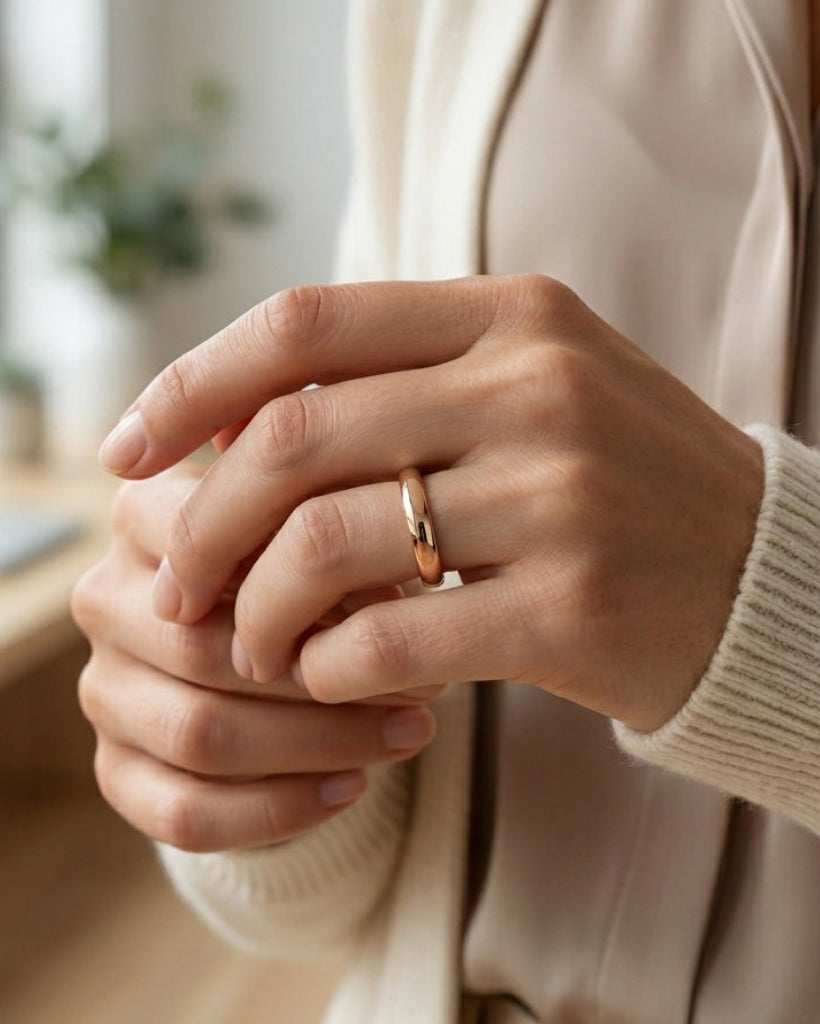 Close-up of a person wearing a ring with a blurred indoor background