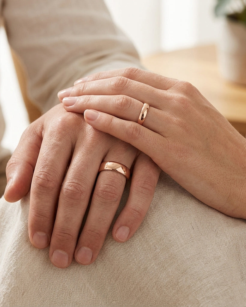 Dome his and hers rose gold wedding ring sets with high polished finish