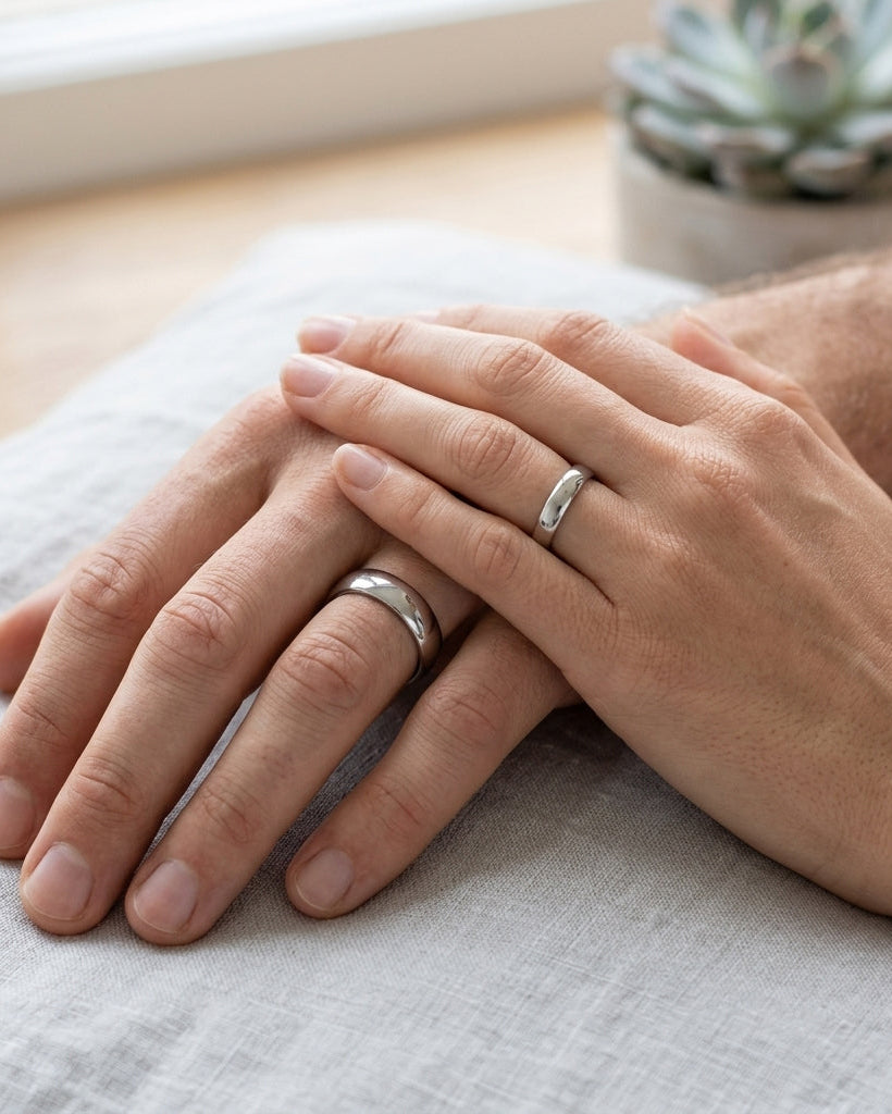 couple wearing matching silver tungsten wedding rings