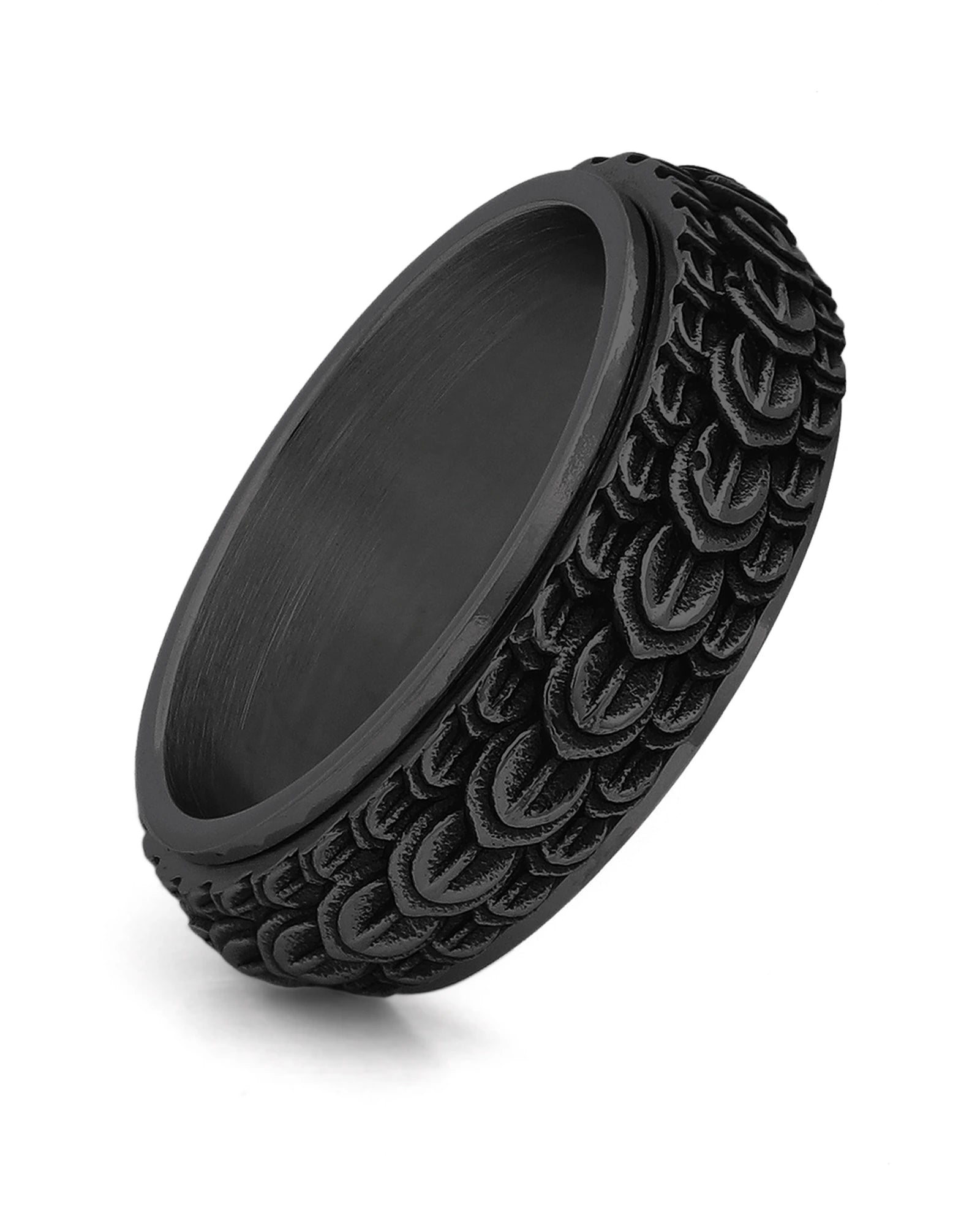 Front view of black dragon scale fidget ring