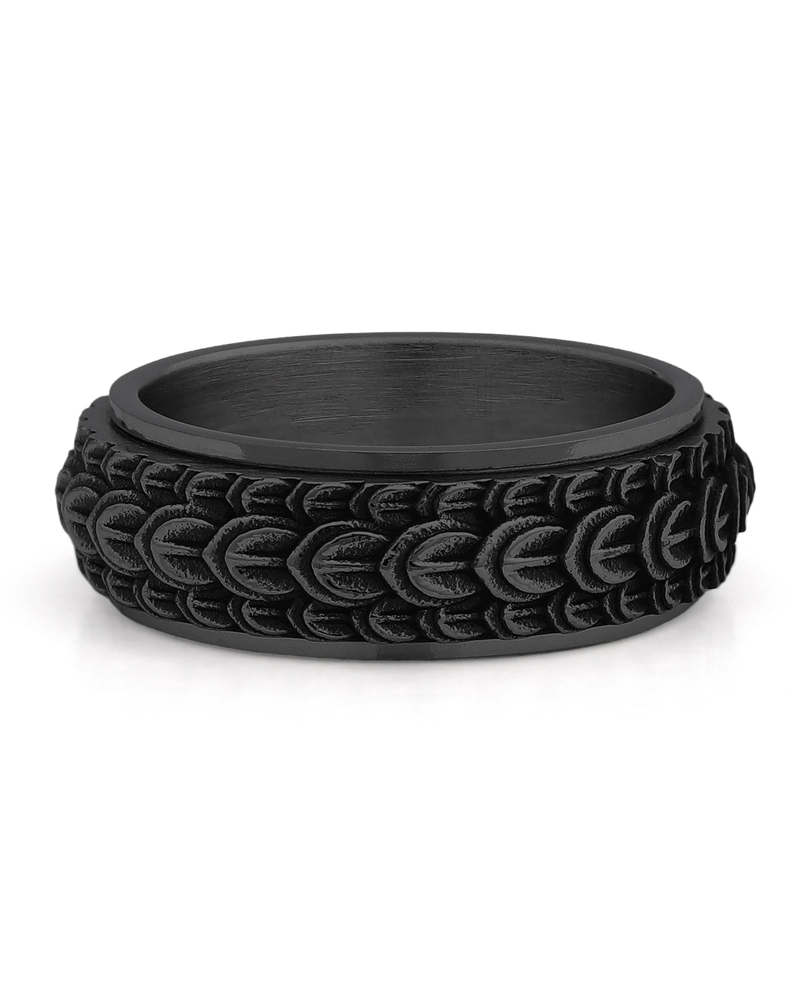 Black dragon scale spinner ring shown at an angle