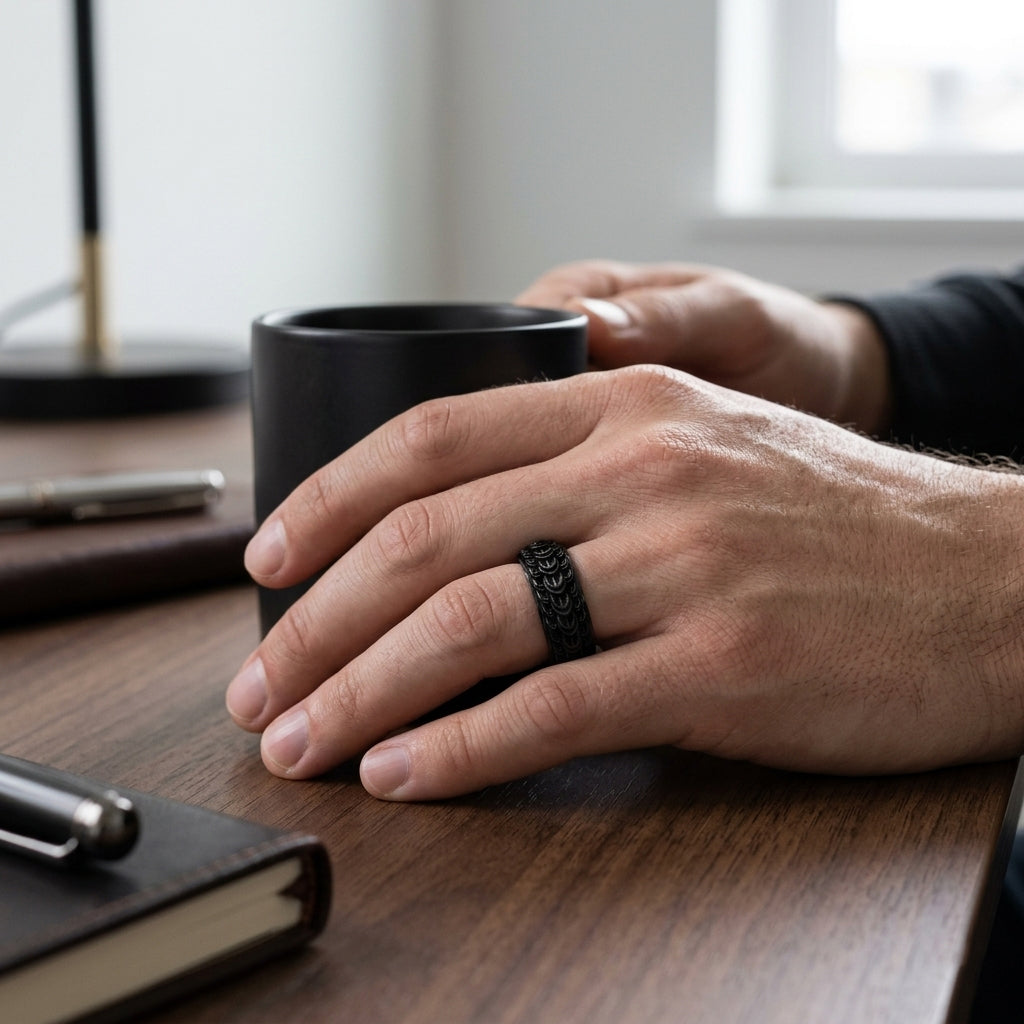 man wearing a black dragon scale spinner ring