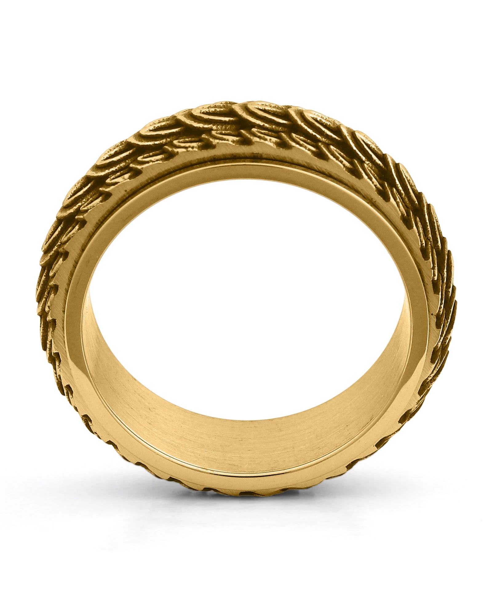 Side view of gold dragon scale spinner ring
