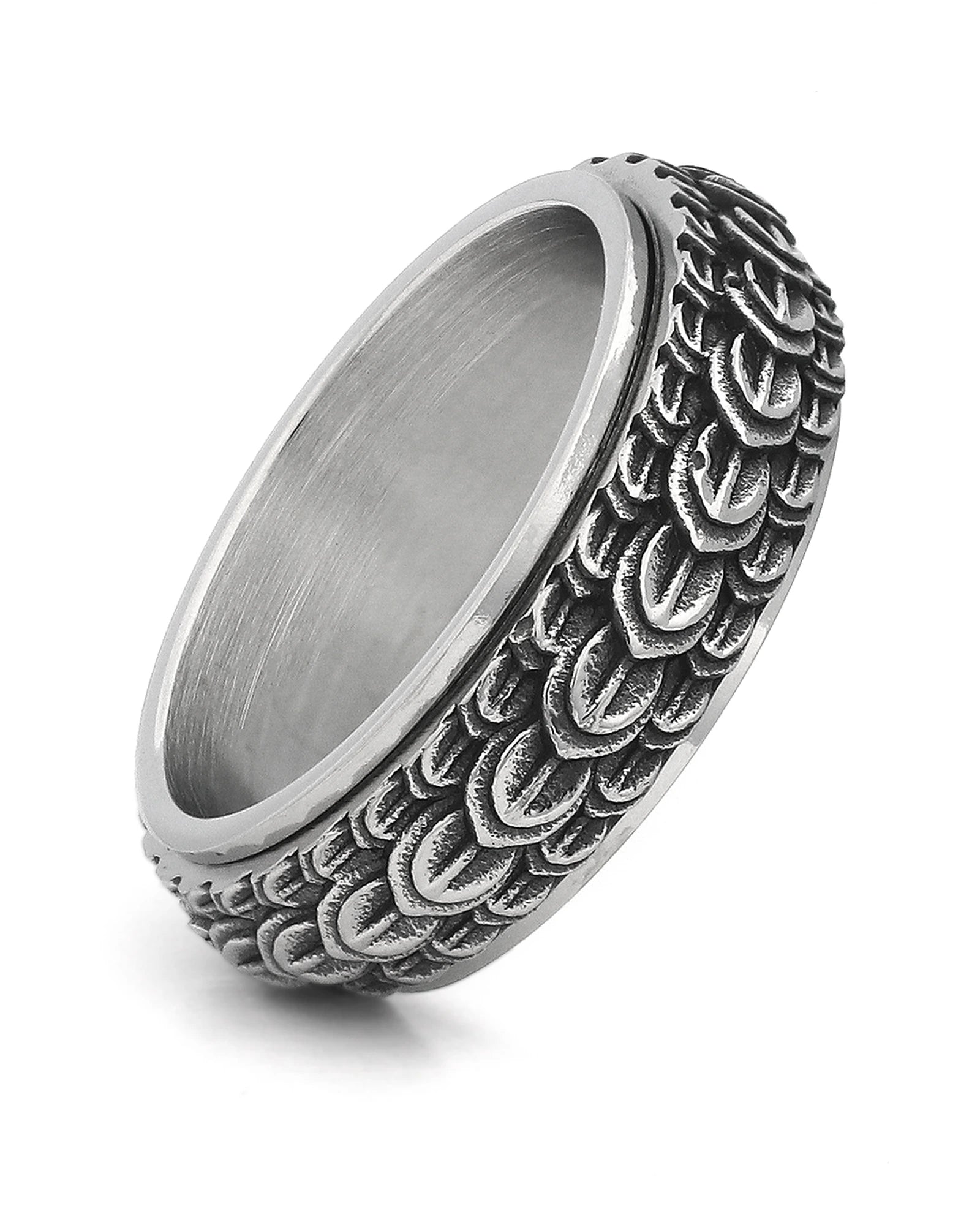 Front view of silver dragon scale fidget ring