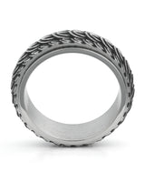 Side view of silver dragon scale spinner ring