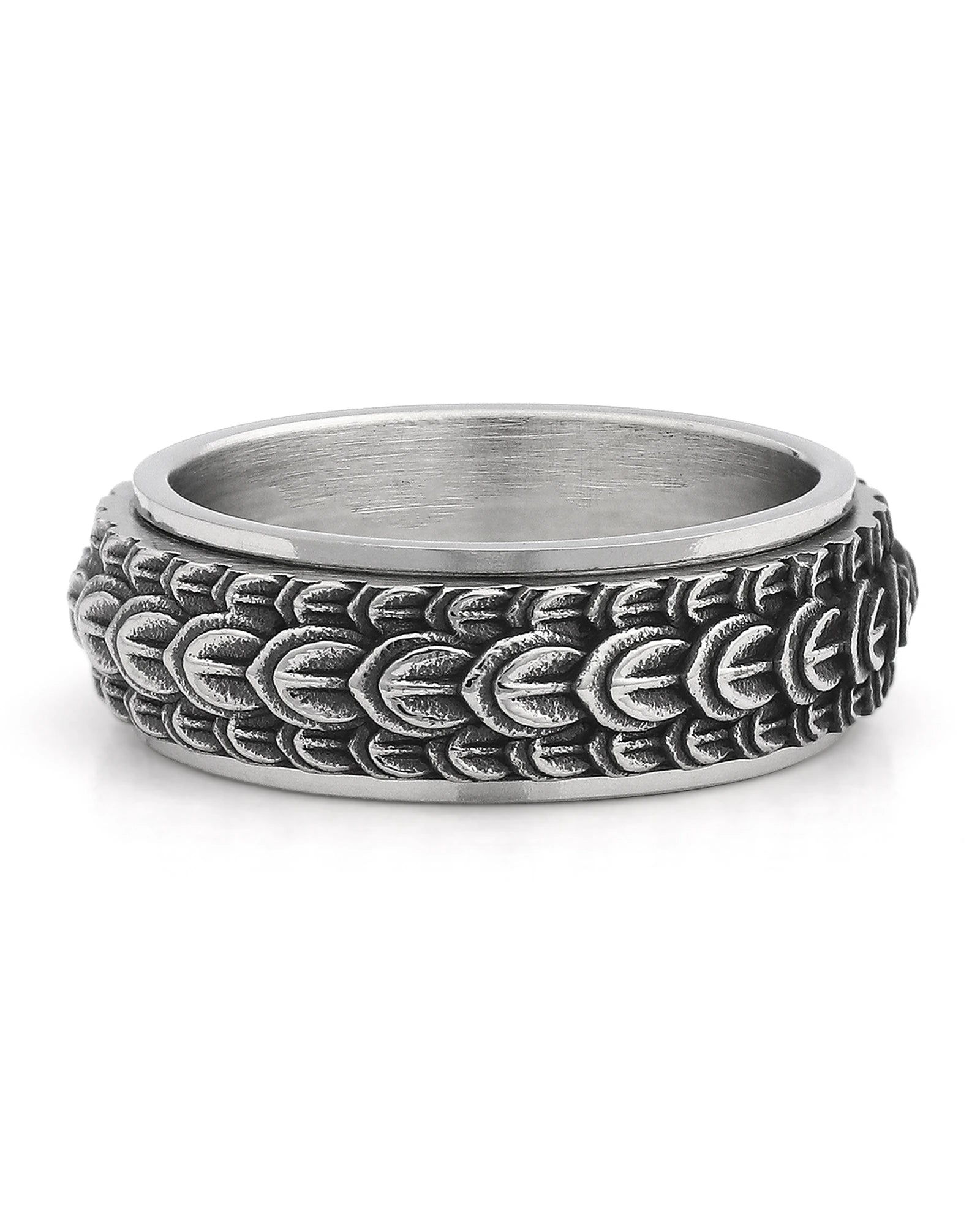 Silver dragon scale spinner ring shown at an angle