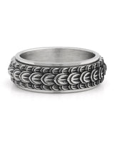 Silver dragon scale spinner ring shown at an angle