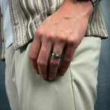 Close-up of a person's hand wearing a silver ring with a neutral background
