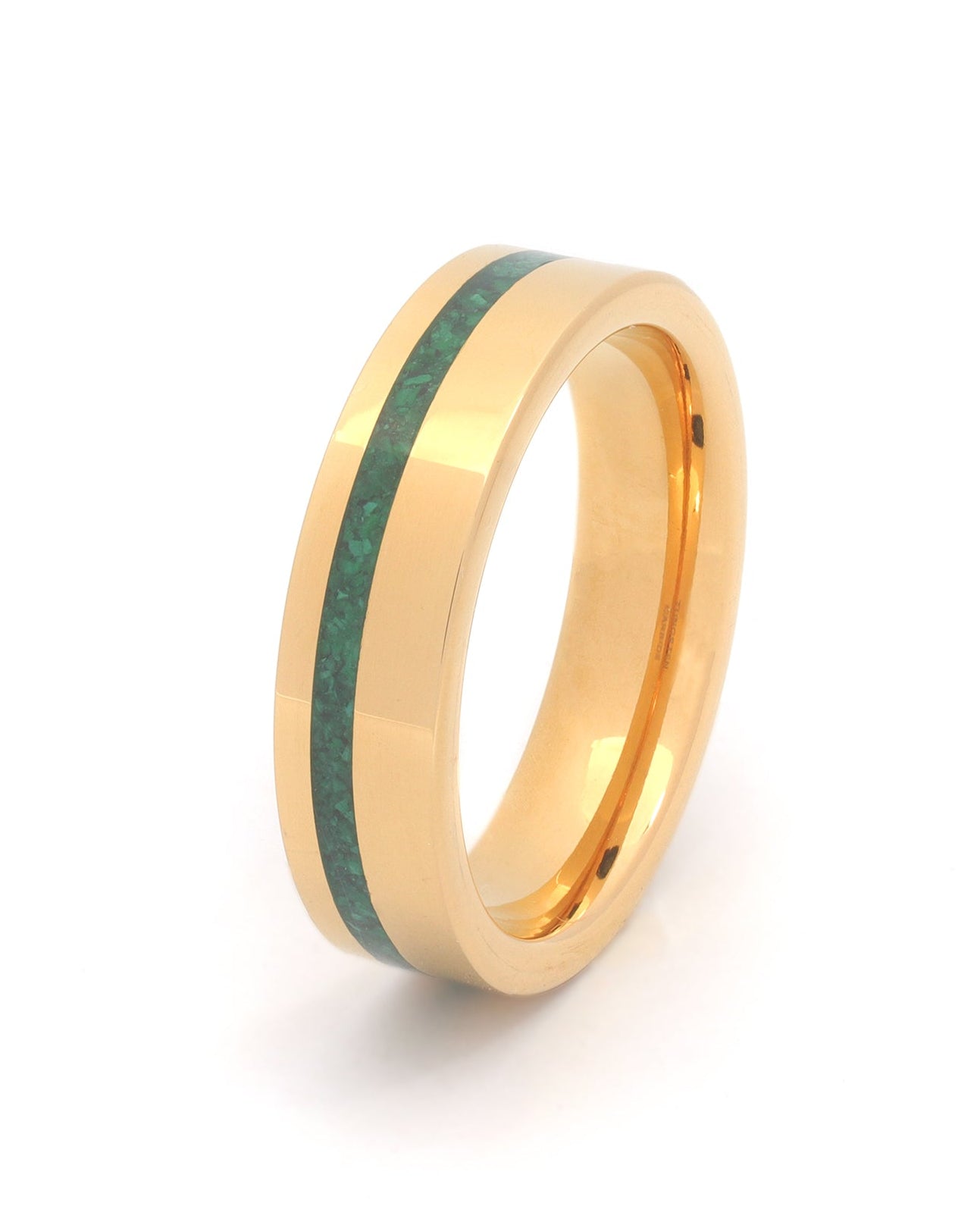 mens gold band with crushed green opal inlay