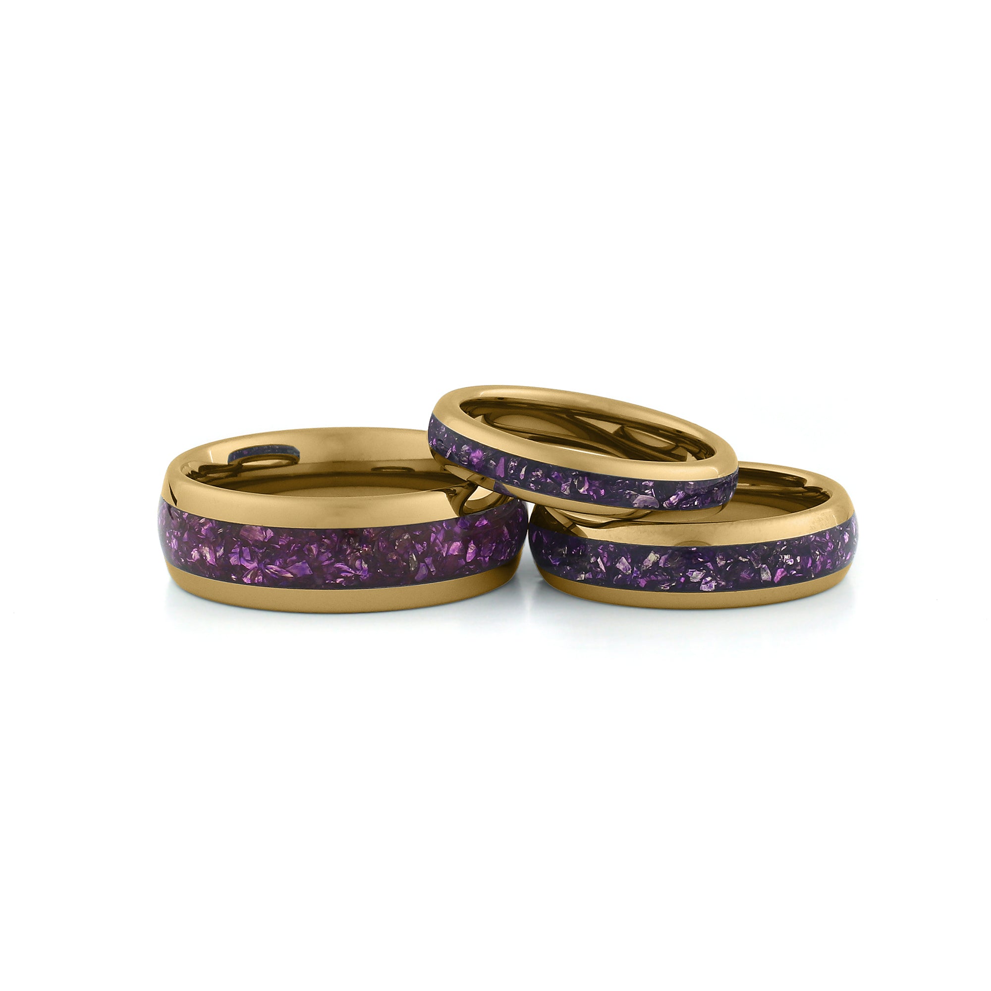 gold tungsten ring set with amethyst inlay

