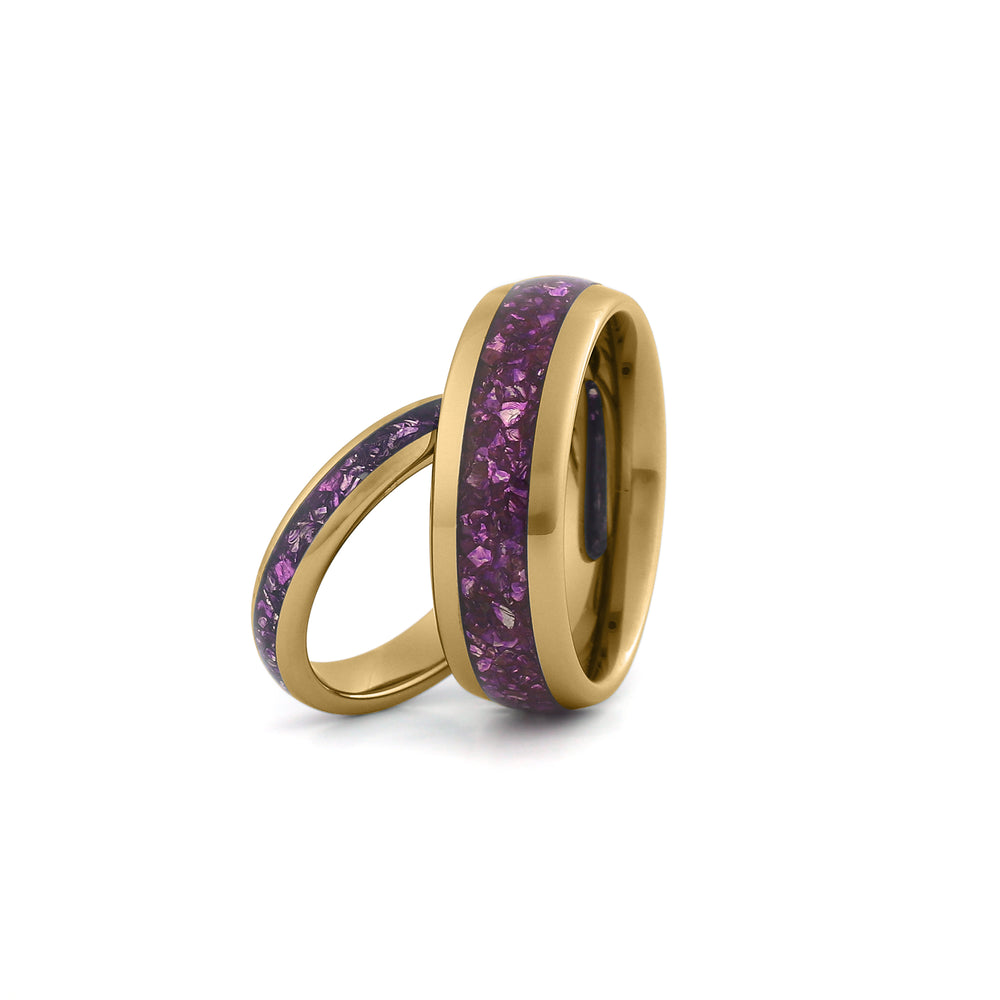 gold amethyst couples wedding ring set
