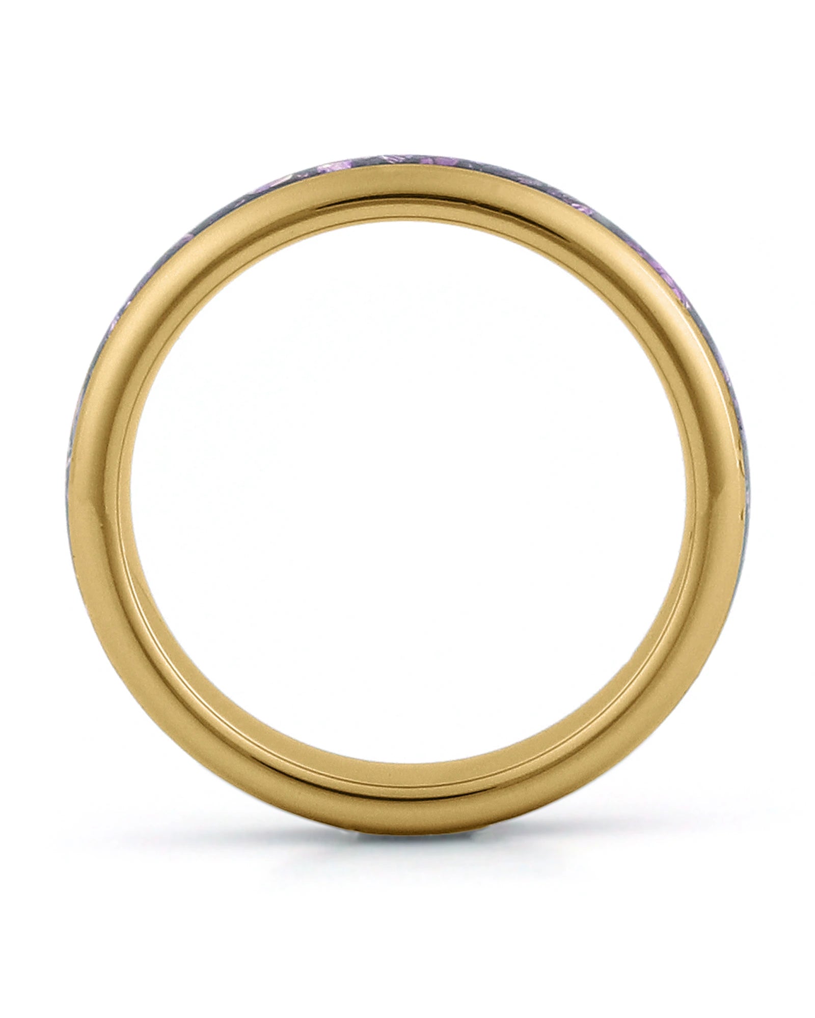 Side view of gold 4mm tungsten wedding ring with amethyst inlay