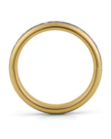 Side view of gold 4mm tungsten wedding ring with amethyst inlay