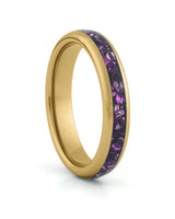 Gold 4mm tungsten ring with purple amethyst inlay shown at an angle
