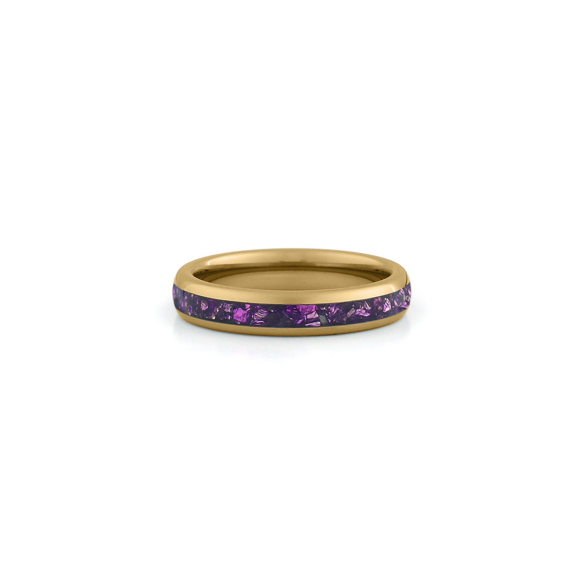 4mm gold amethyst wedding band with purple gemstone inlay