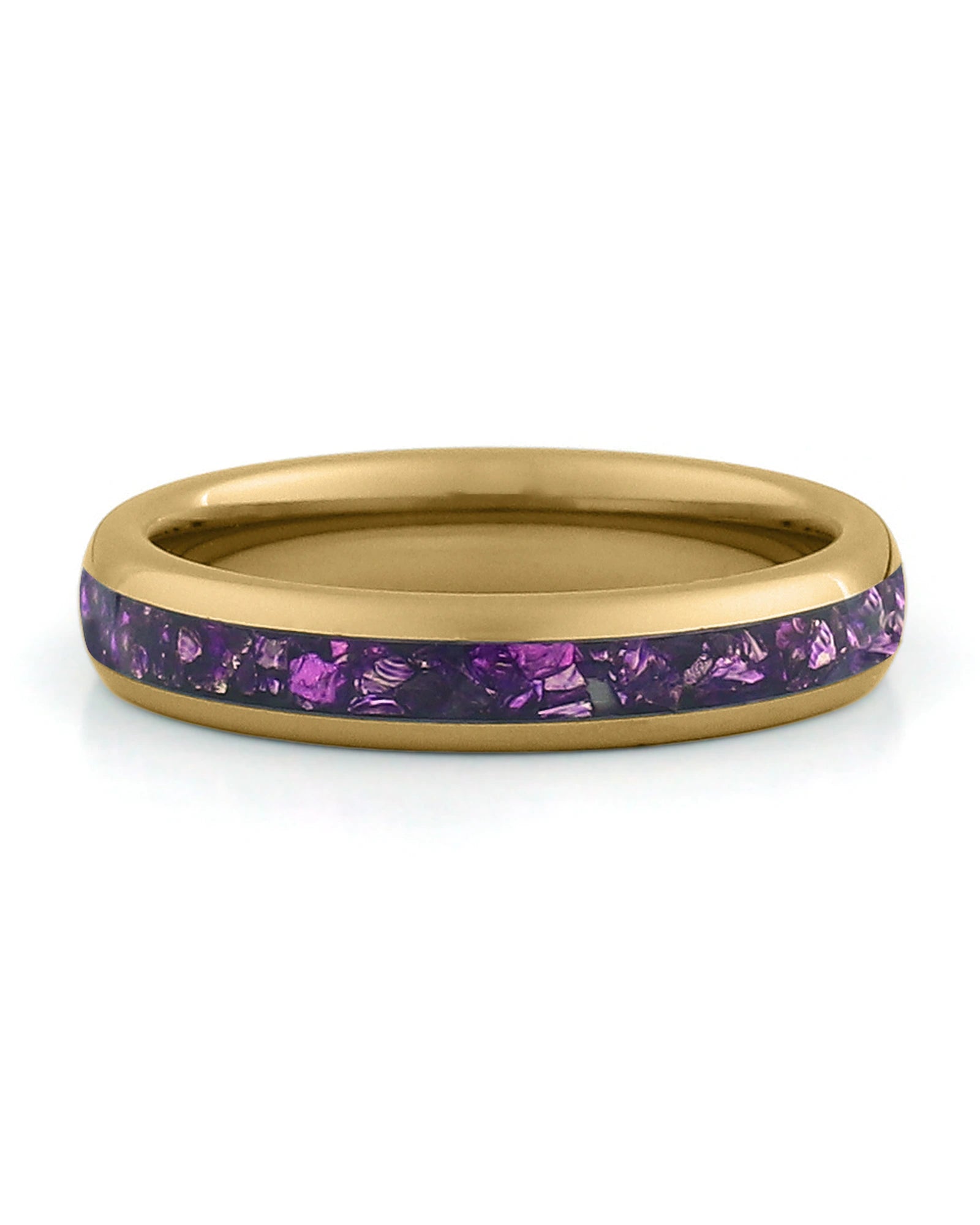 Front view of gold 4mm amethyst tungsten wedding band
