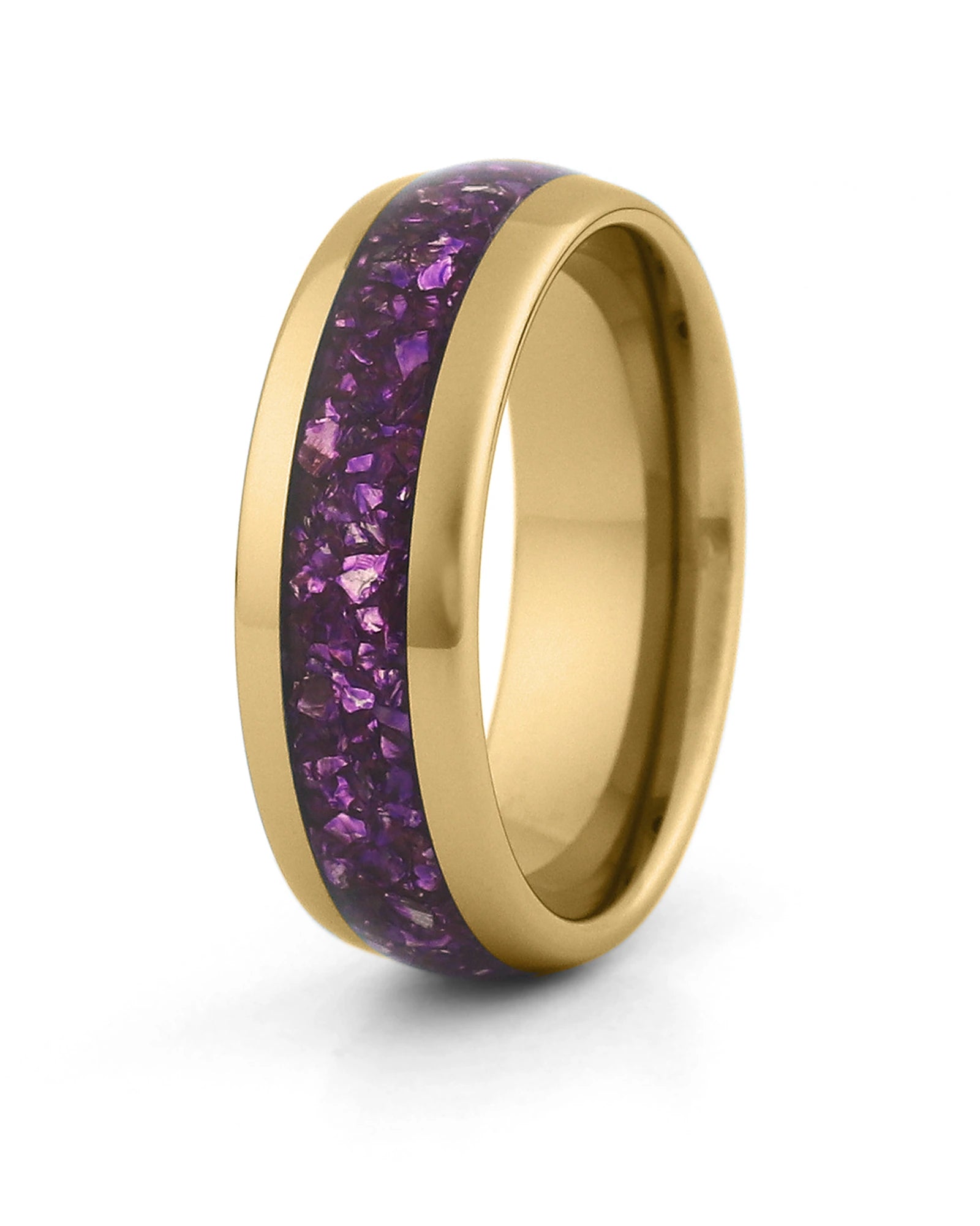 Men's gold tungsten wedding ring with amethyst stone inlay, 8mm band