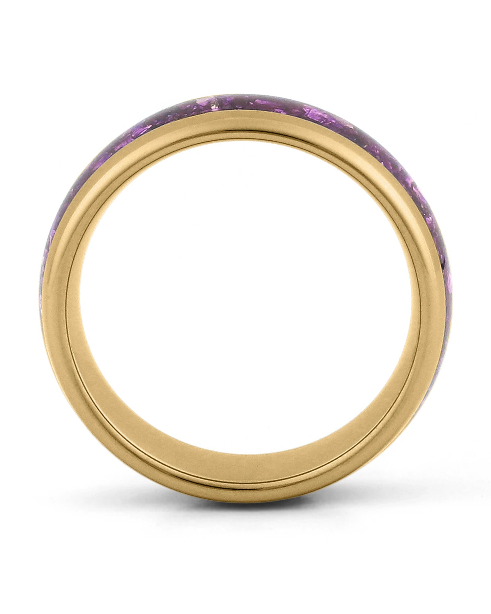 Side view of gold 8mm tungsten wedding ring with amethyst inlay