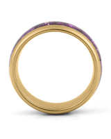Side view of gold 8mm tungsten wedding ring with amethyst inlay