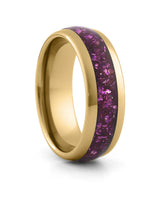 Gold 8mm tungsten ring with purple amethyst inlay shown at an angle