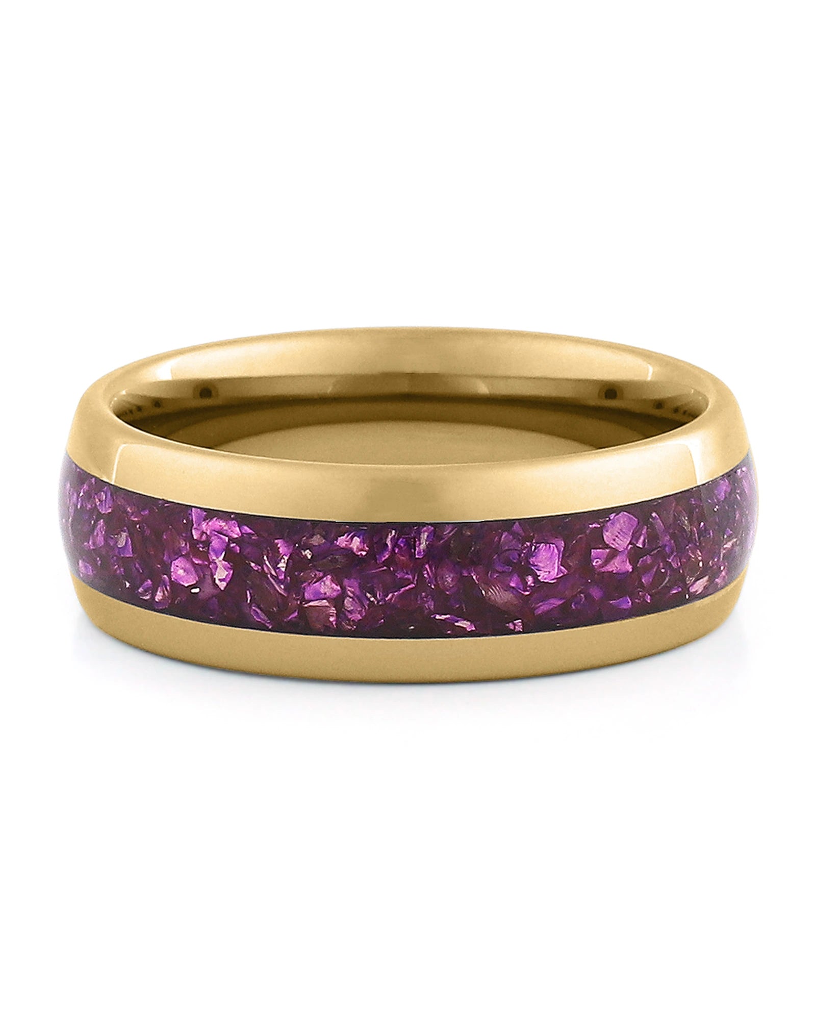 Front view of gold 8mm amethyst tungsten wedding band