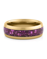 Front view of gold 8mm amethyst tungsten wedding band