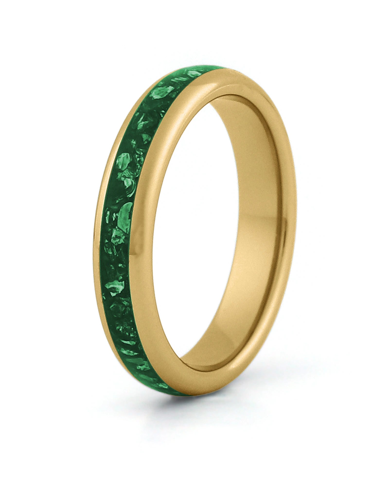 Gold tungsten wedding ring with green emerald stone inlay, 4mm band